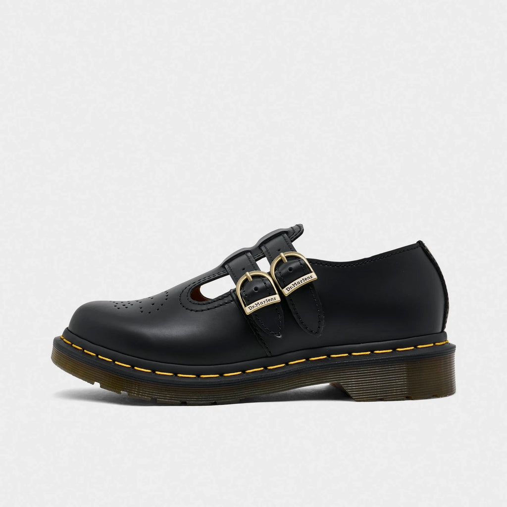 Women's Smooth Leather T-Bar Shoes - Black