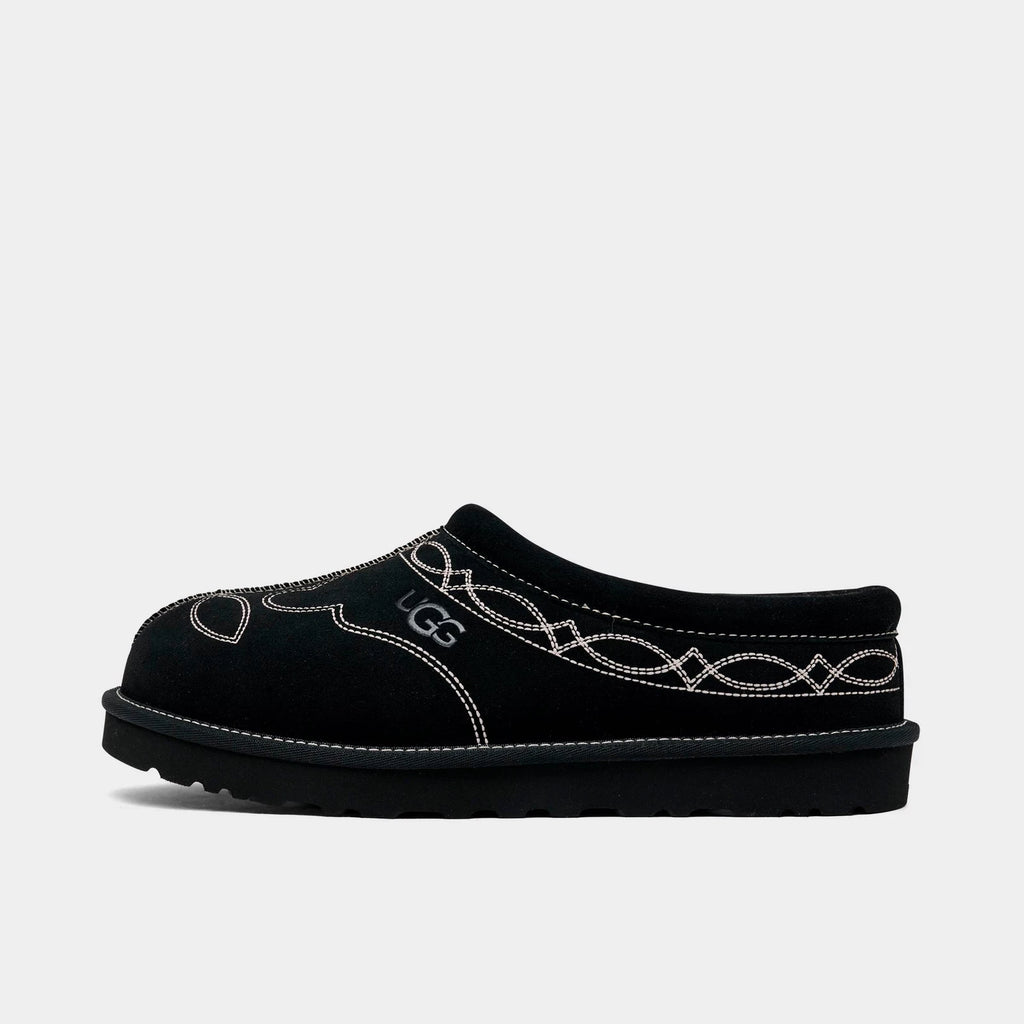 Men's Embroidered Suede Backless Slippers - Black