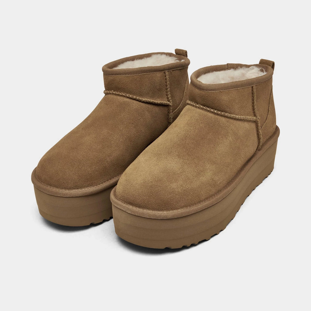 Women's Sheepskin Platform Mini Boots - Chestnut