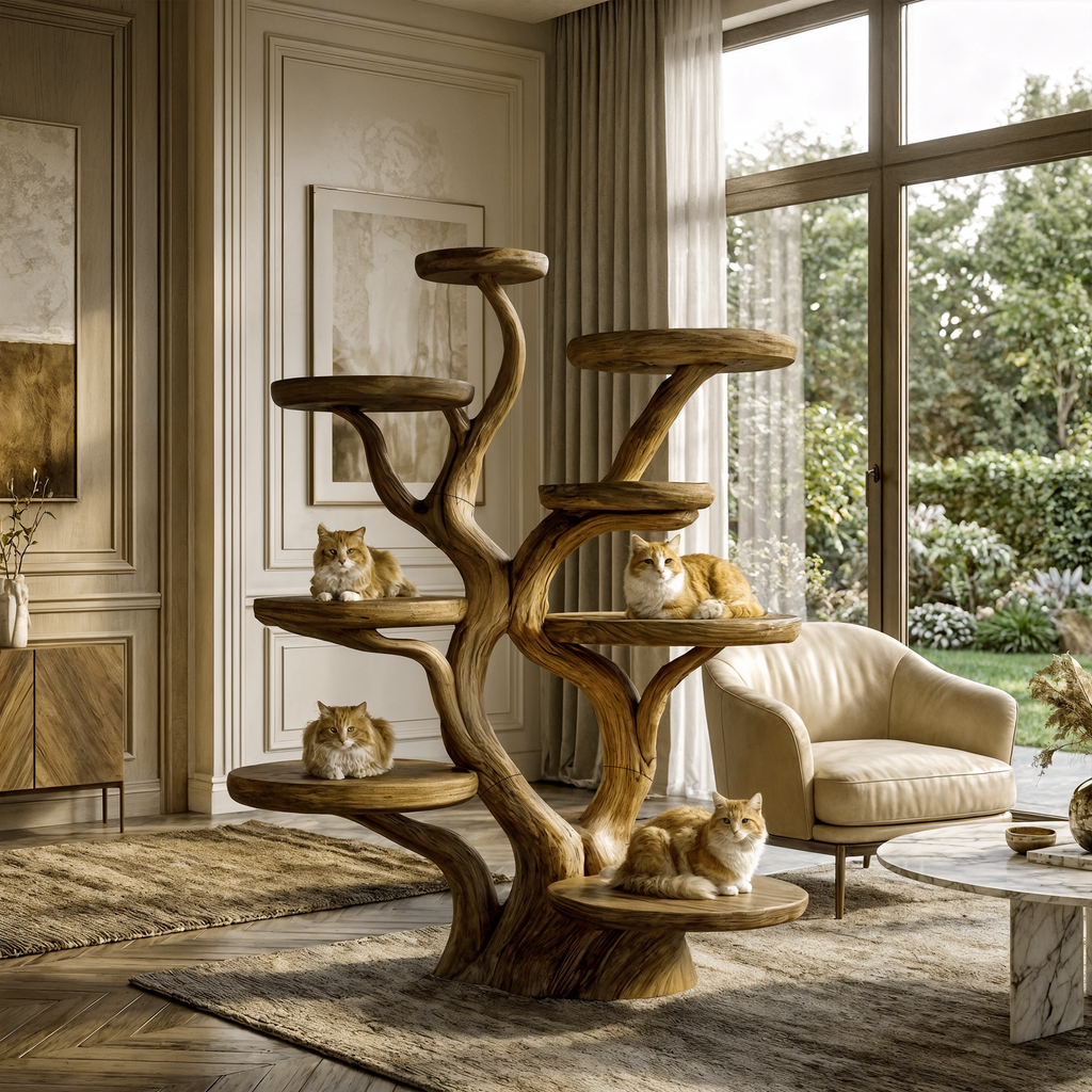 Rustic Solid Wood Cat Tree with Curved Trunk and Tiered Platforms