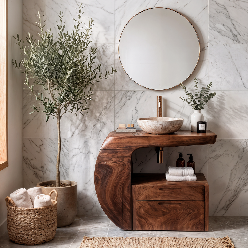Modern Organic Wood Bathroom Vanity with Open Shelf Cabinet
