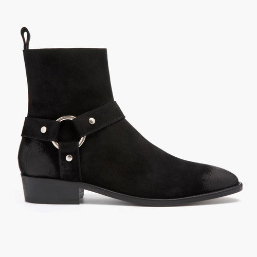 Men's Black Suede Ring-Harness Pull-On Ankle Boot