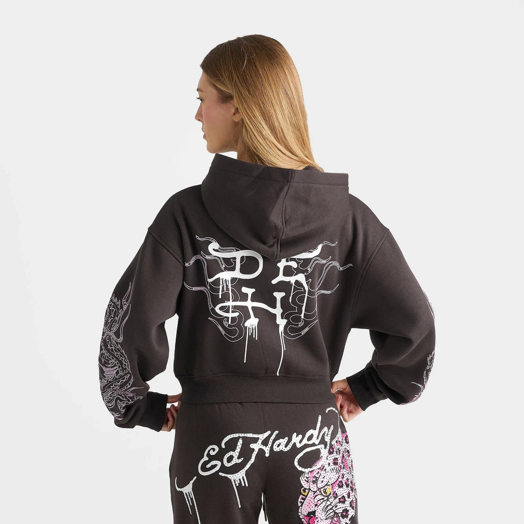 Women's Leopard Rhinestone Cropped Pullover Hoodie