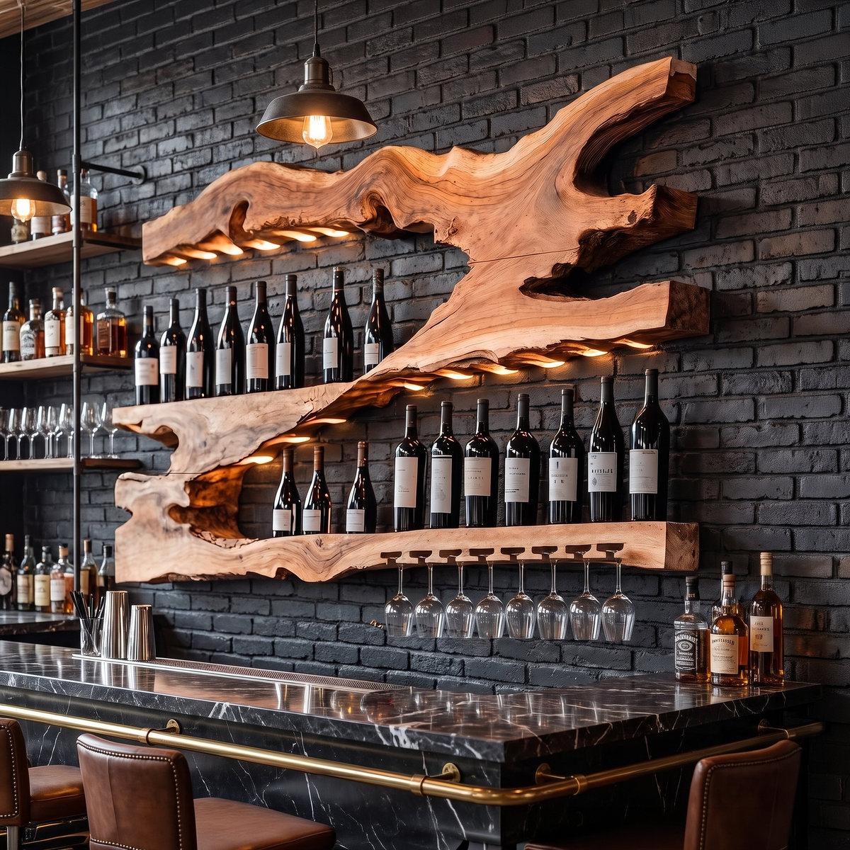Mid-Century Monkeypod Wood Wall Wine Rack with Minimalist Shelf