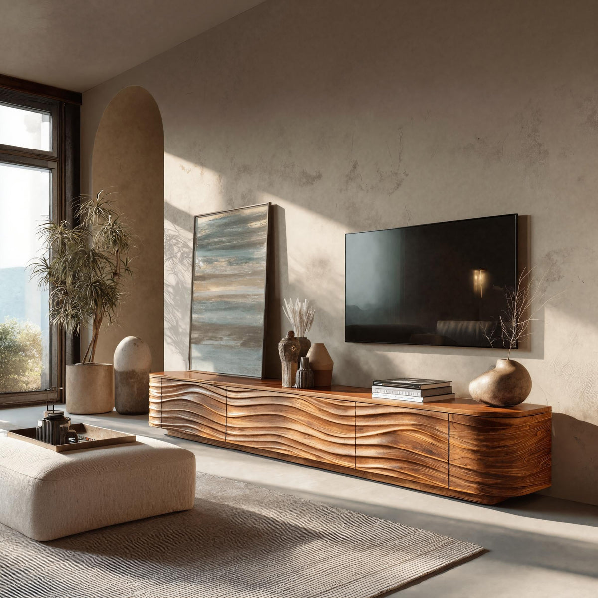 Low Solid Wood TV Stand with Carved Wave Front Doors