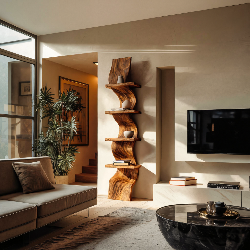 Curved Wave Solid Wood Floating Shelf with Central Spine