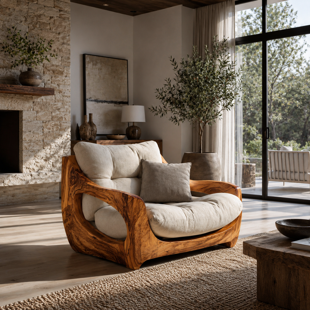 Modern Organic Carved Solid Wood Lounge Chair, No Cushions