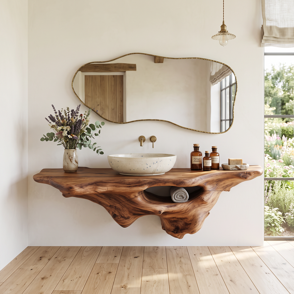 Solid Oak Live Edge Wall-Hung Bathroom Vanity Shelf, Farmhouse