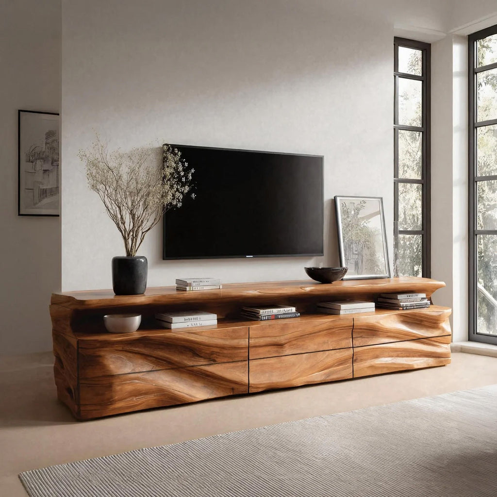 Sculptural Solid Wood TV Console with Shelf and Drawers
