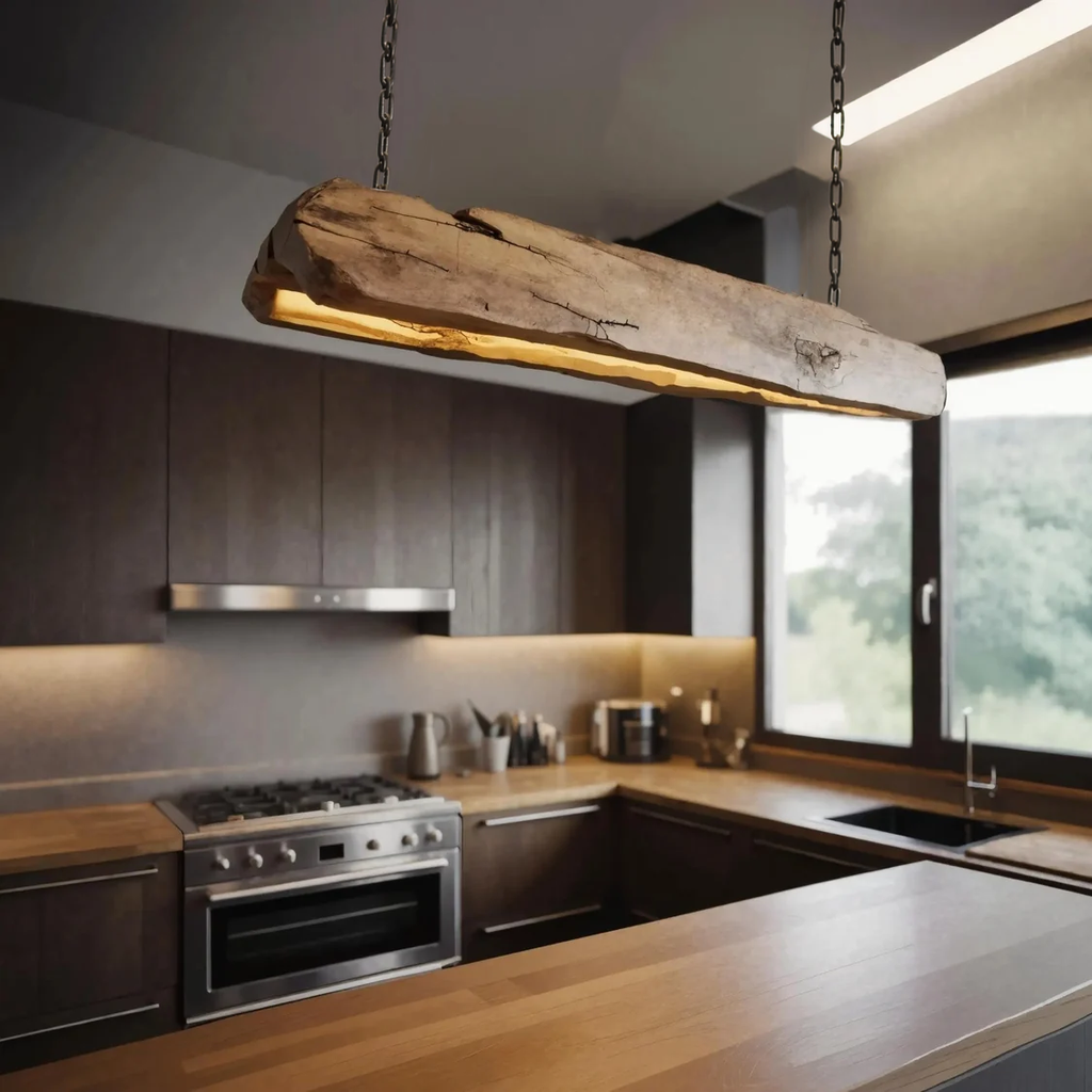 Rustic Solid Wood Log Beam Pendant Light for Kitchen Island