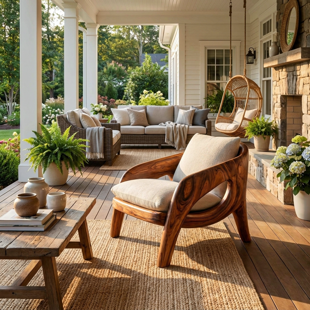 Sculptural Solid Wood Lounge Chair with Upholstered Seat