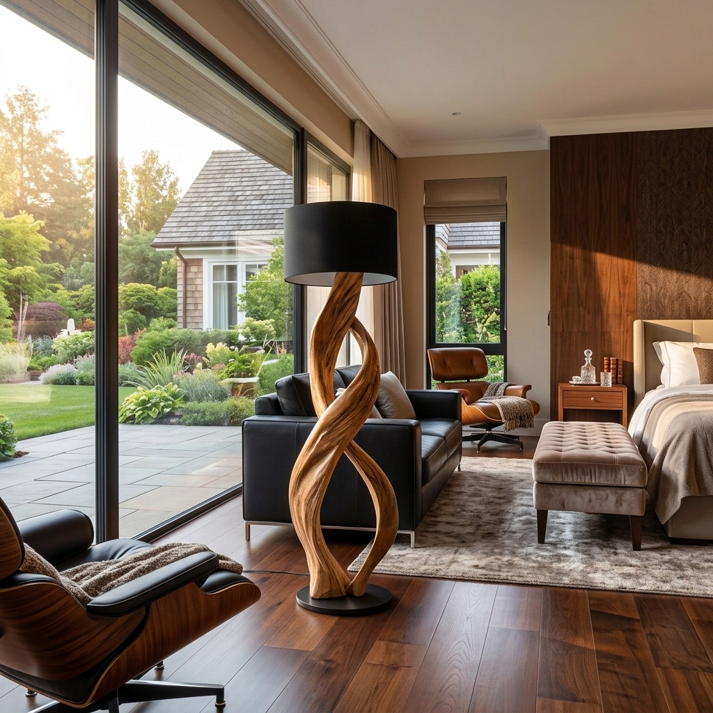 Twisted Solid Wood Sculptural Floor Lamp with Simple Shade