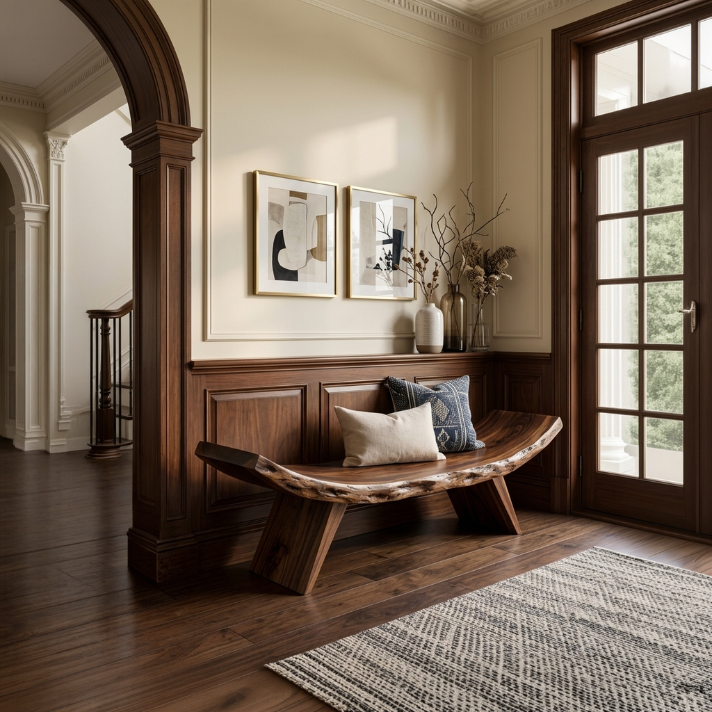 Rustic Live Edge Solid Wood Entryway Bench with Organic Curves