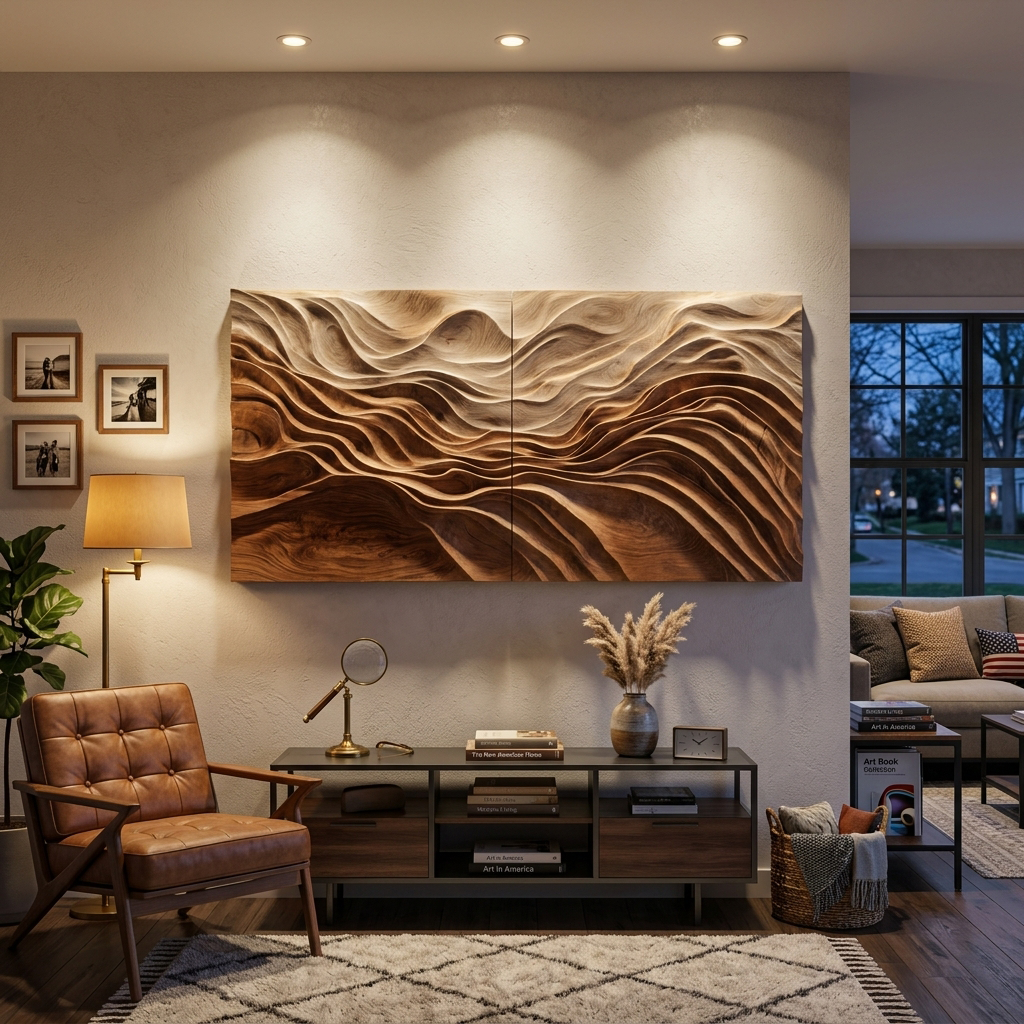 Large Sculptural Solid Wood Wall Art with Flowing Wave Design