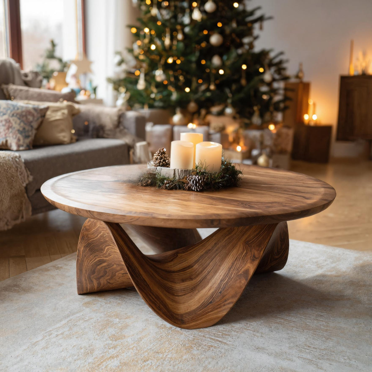 Solid Wood Round Coffee Table with Sculptural Curved Base