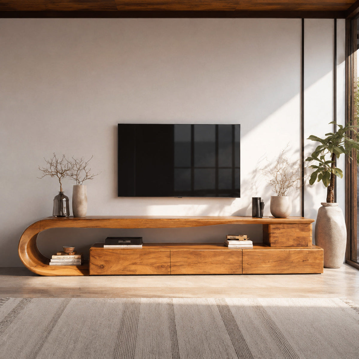 Modern Curved Solid Wood TV Console with Drawers and Open Shelf