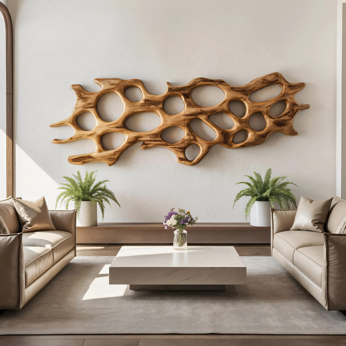 Carved Solid Wood Abstract Wall Sculpture with Organic Openings