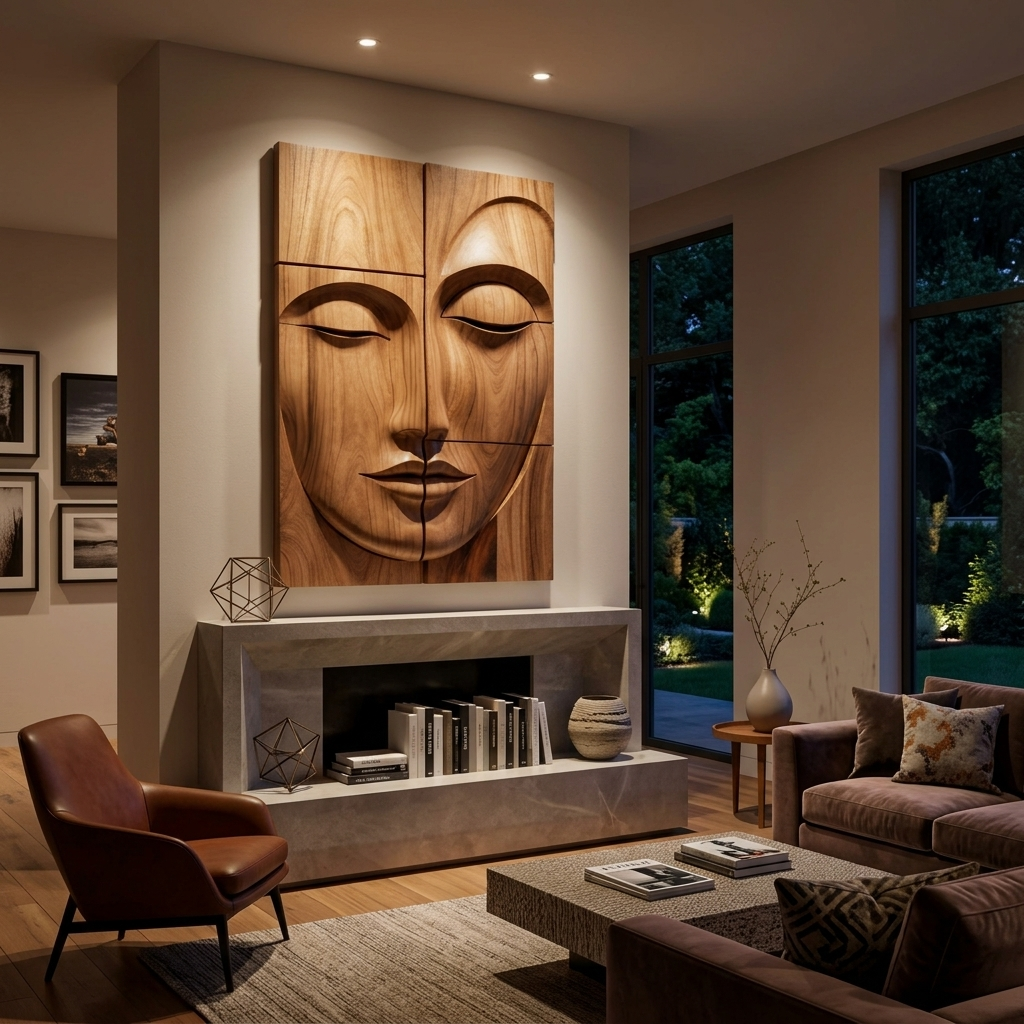 Carved Solid Wood Buddha Face Wall Art Panels
