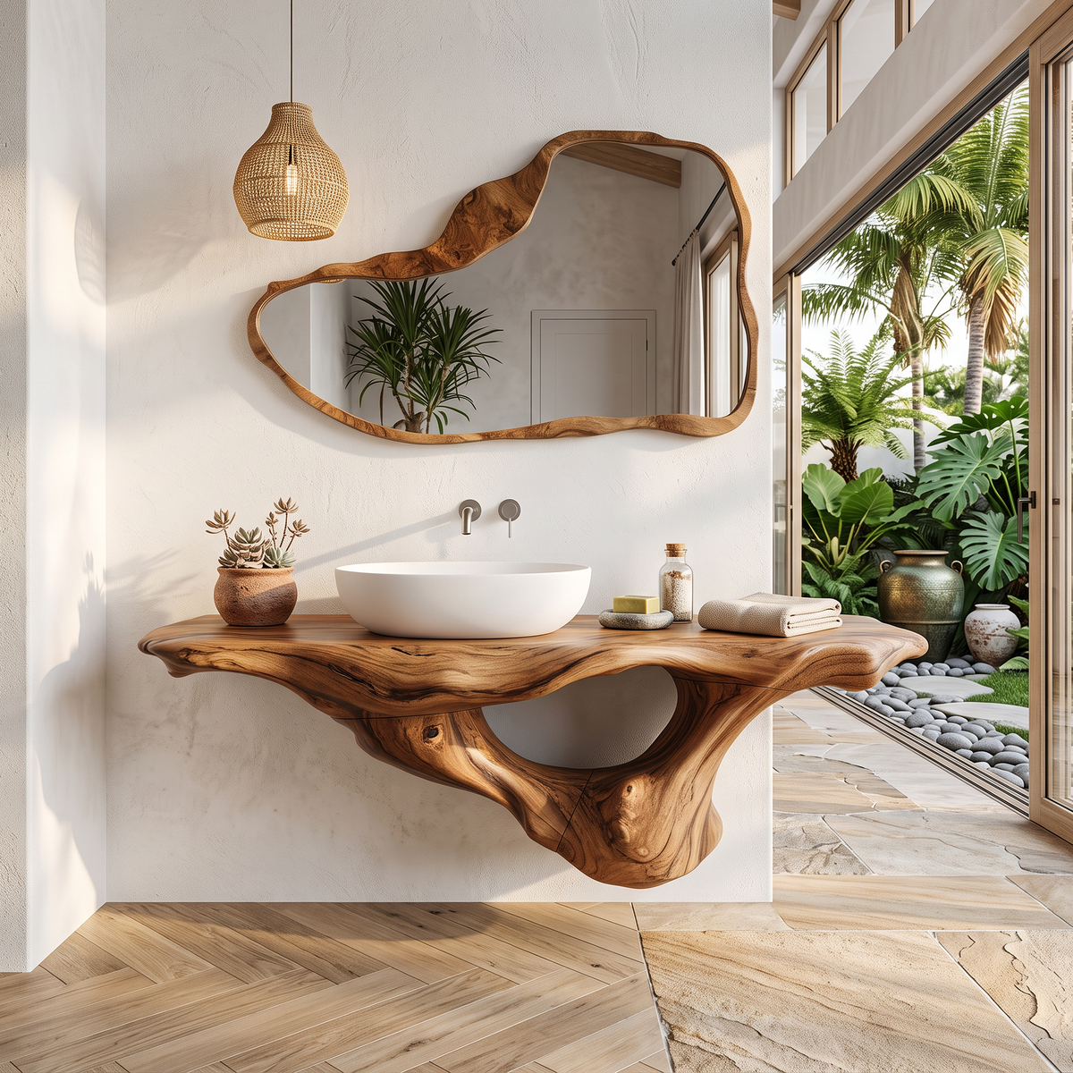 Live Edge Solid Wood Bathroom Vanity Shelf with PU Finish
