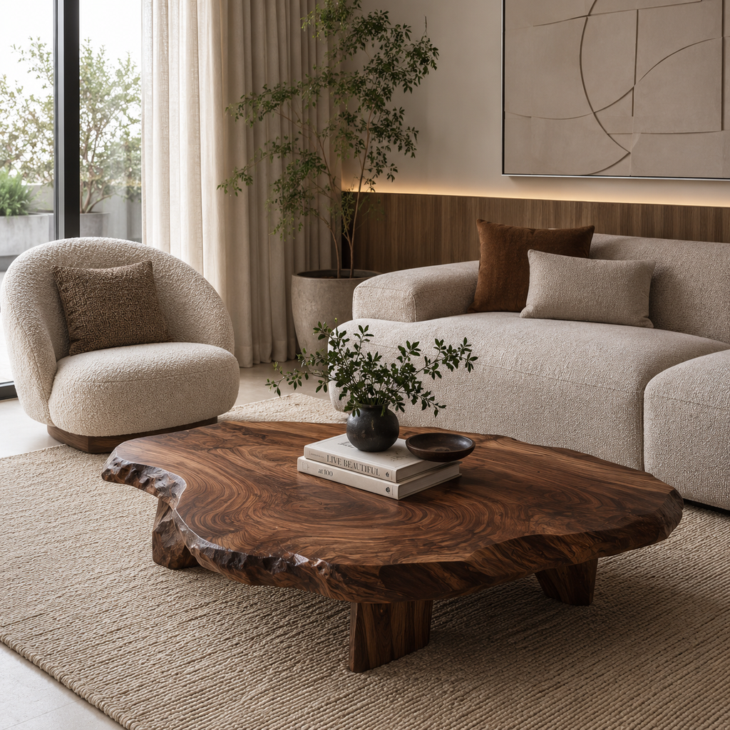 Live Edge Solid Wood Coffee Table with Block Legs