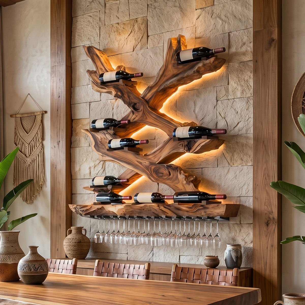 Monkeypod Wood Wall Wine Rack with Mid-Century Rustic Style