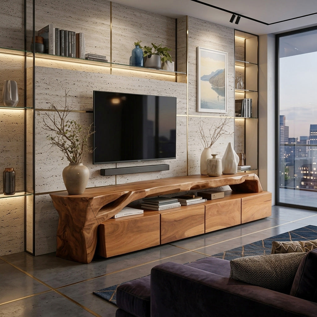 Live Edge Solid Wood TV Stand with Drawers and Open Shelves