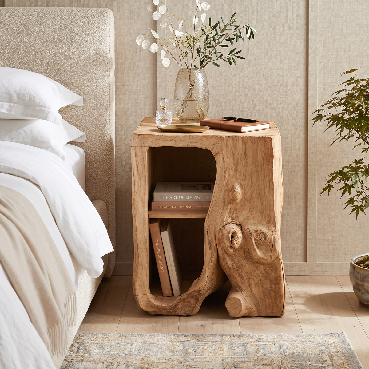 Farmhouse Live Edge Solid Wood Nightstand with Open Shelf