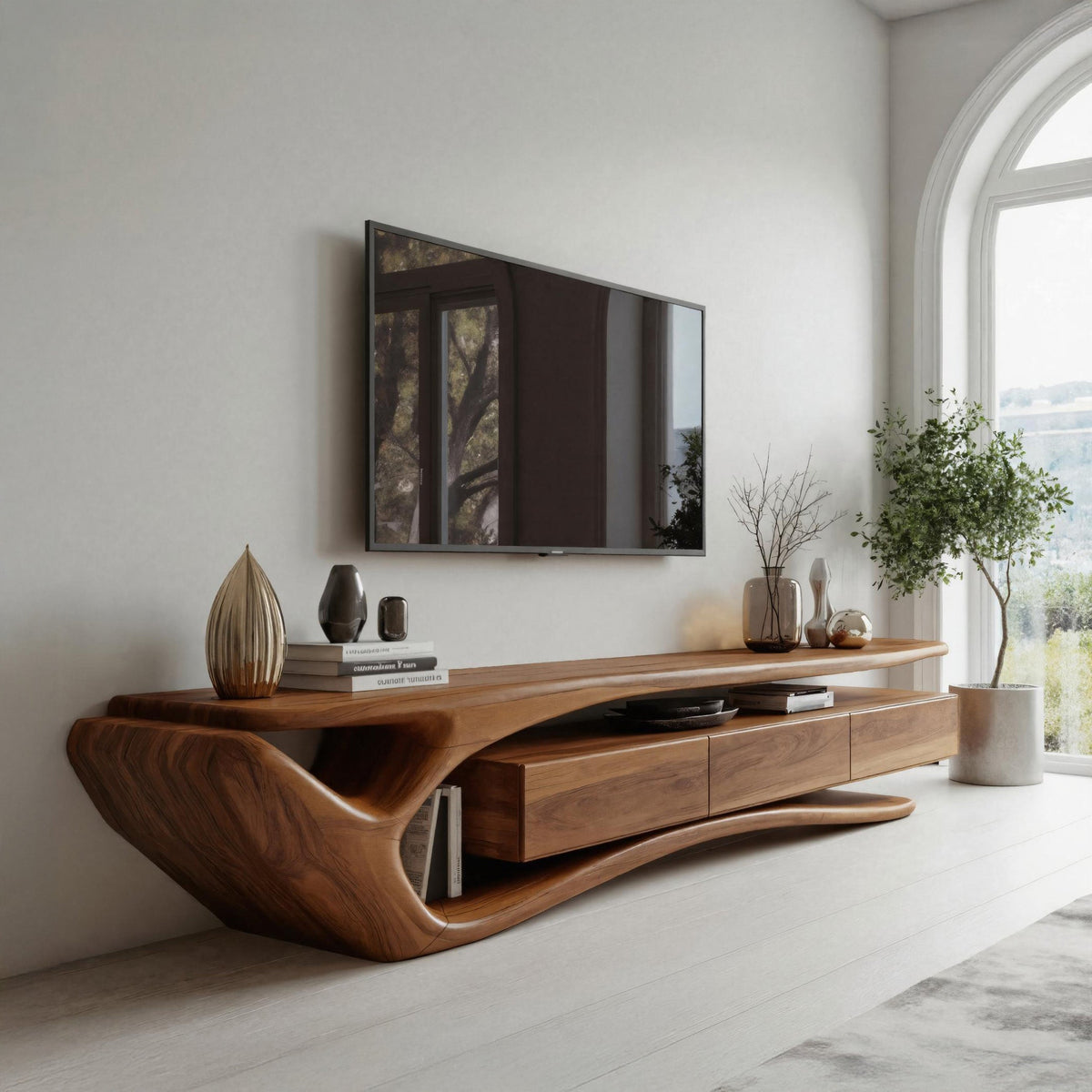 Sculptural Solid Wood TV Stand with Storage Drawers