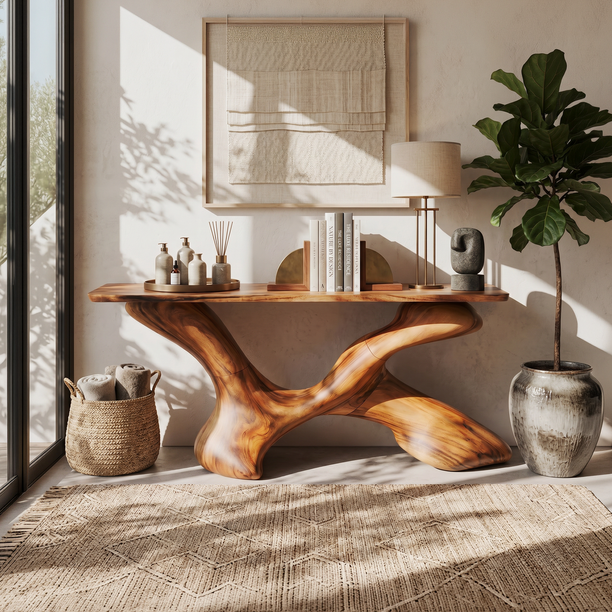 Mid-Century Solid Wood Foyer Console Table with Natural Knots