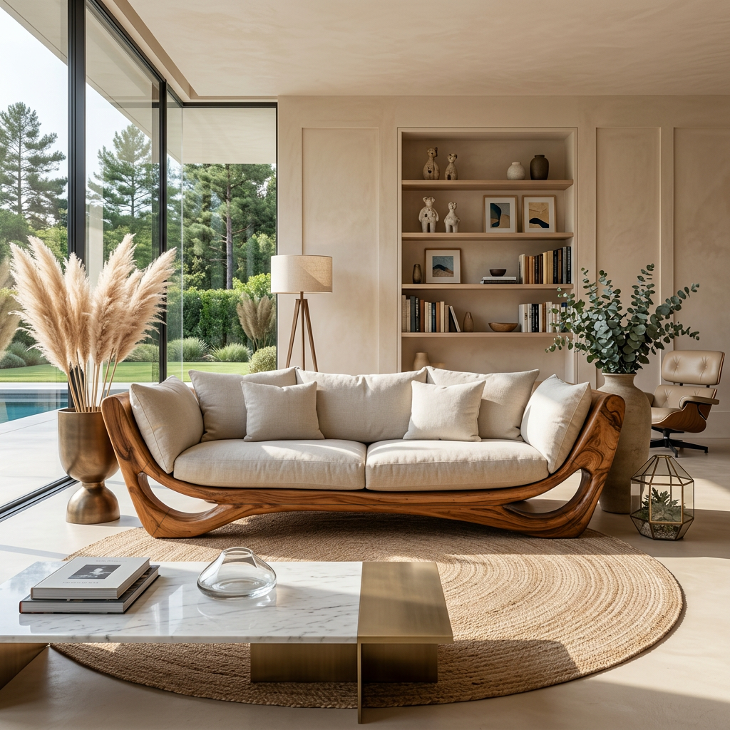 Modern Sculptural Solid Wood Frame Sofa with Cushions
