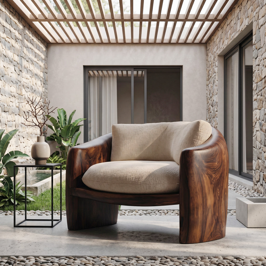 Modern Organic Wood Lounge Chair with Sculpted Frame and Cushions