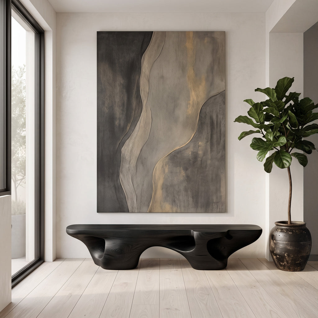 Carved Solid Wood Sculptural Bench in Black for Living Room