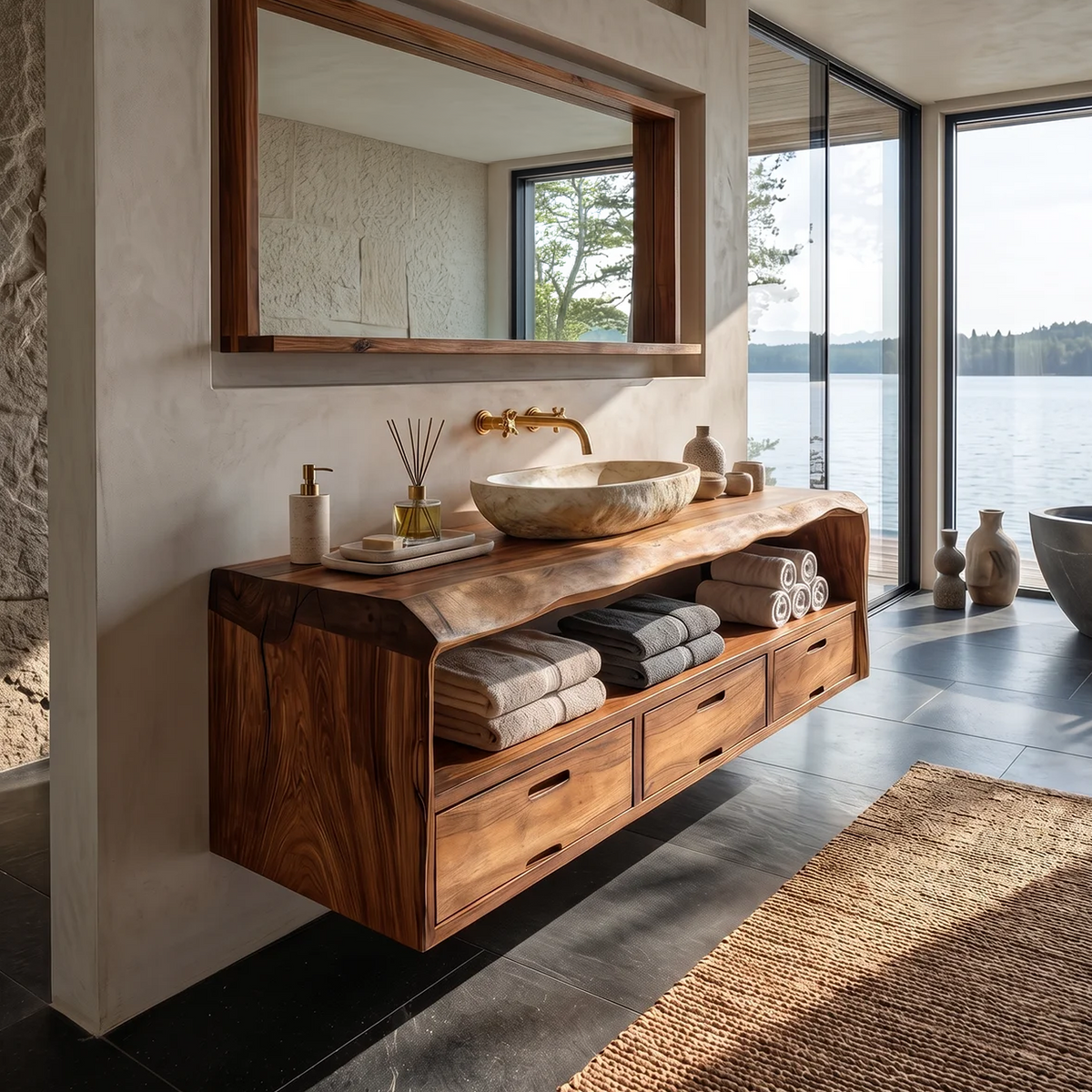 Farmhouse Floating Live Edge Bathroom Vanity in Solid Wood