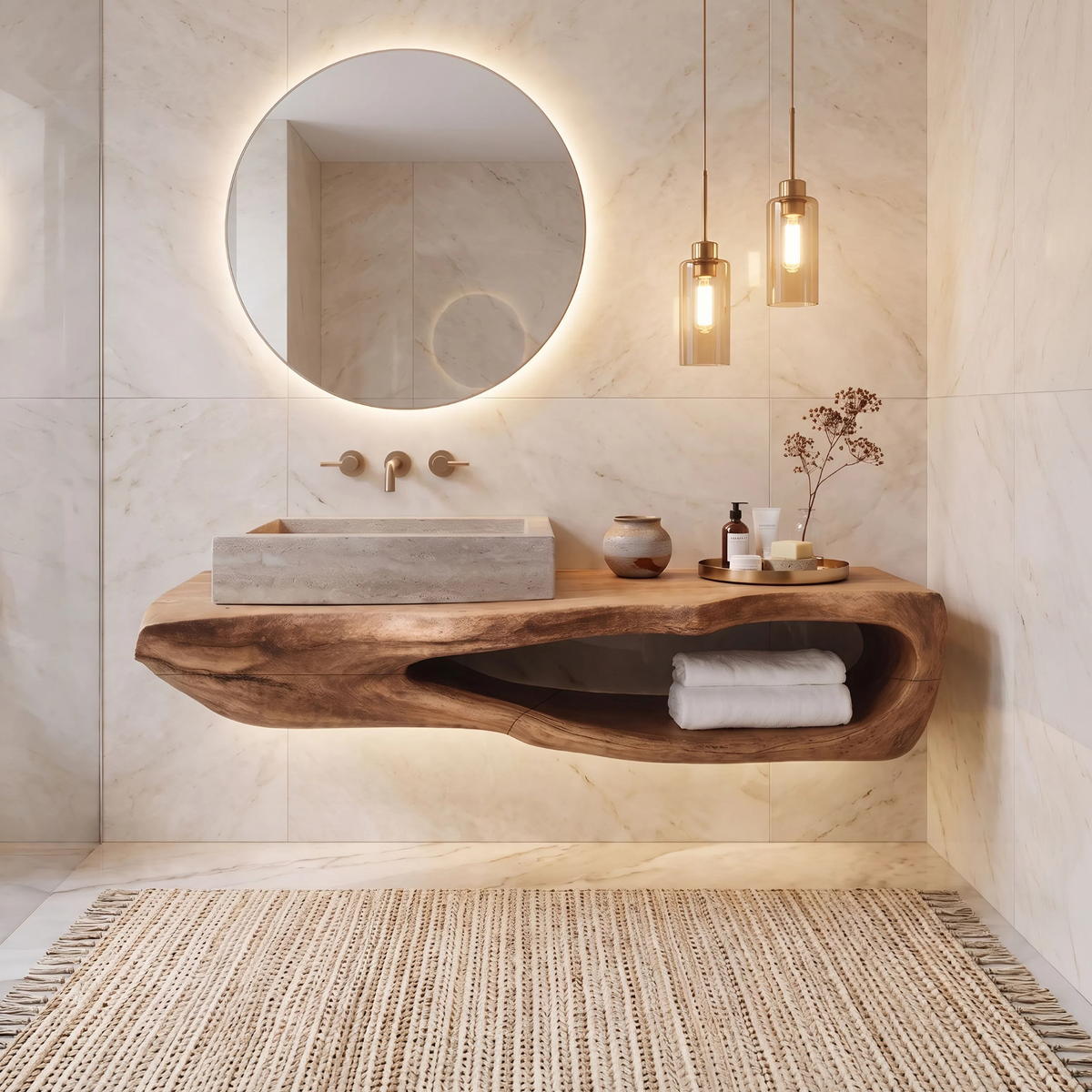 Rustic Natural Wood Bathroom Vanity Shelf for Industrial Style