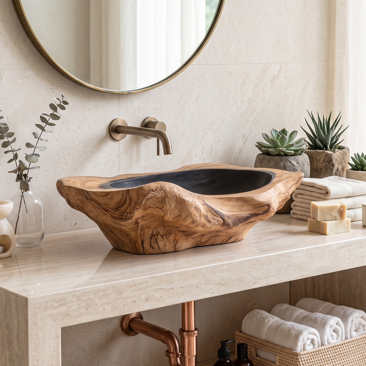 Hand-Carved Solid Hardwood Vessel Sink with Water-Resistant Seal