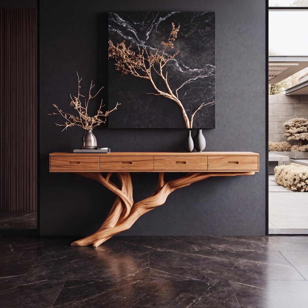 Mid-Century Solid Wood Console Table with Organic Live Edges