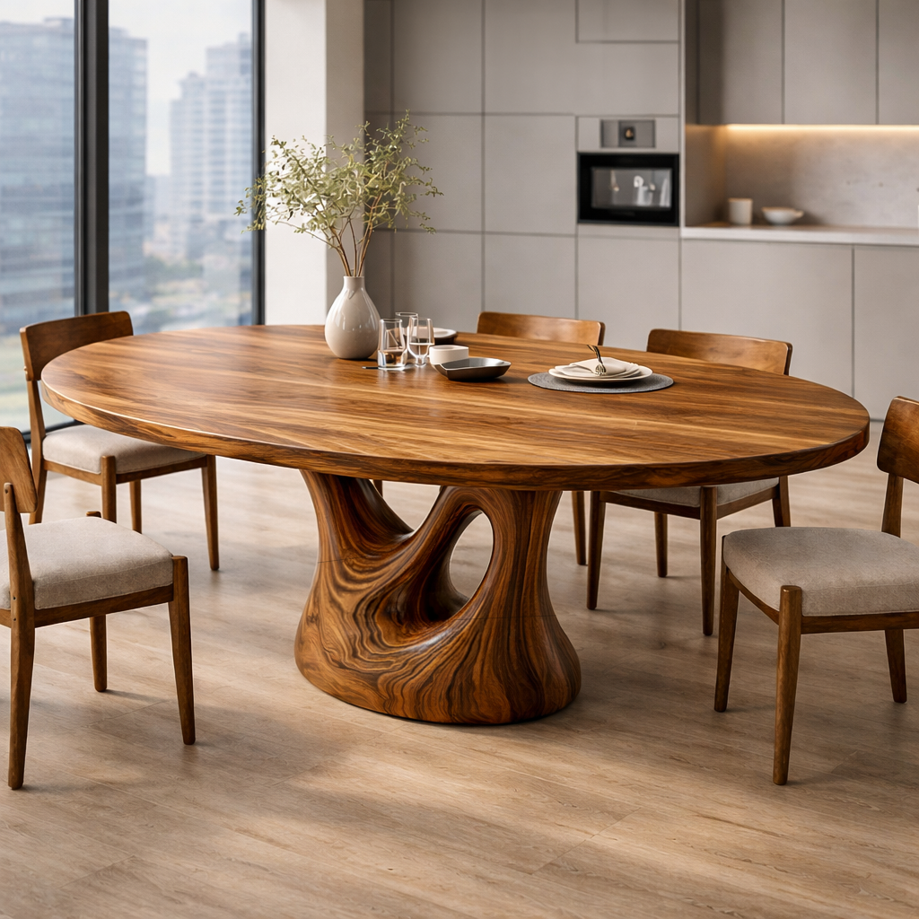 Farmhouse Solid Wood Dining Table with Sculptural Curved Pedestal