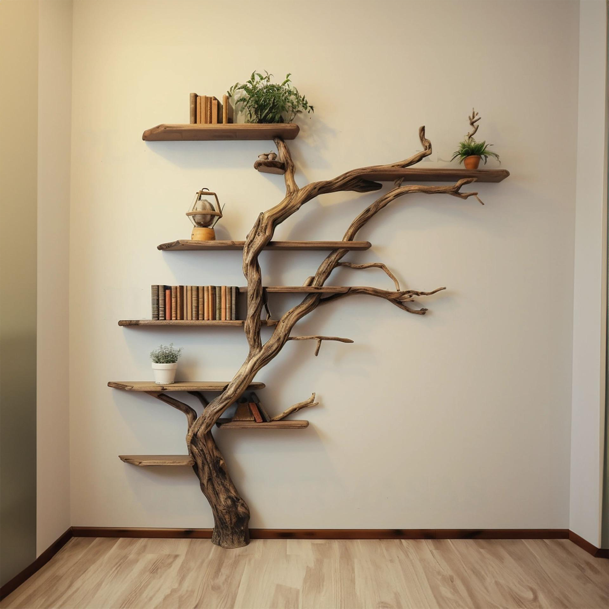 Narrow Corner Tree Branch Wall Shelf in Dark Brown, 84 in Tall