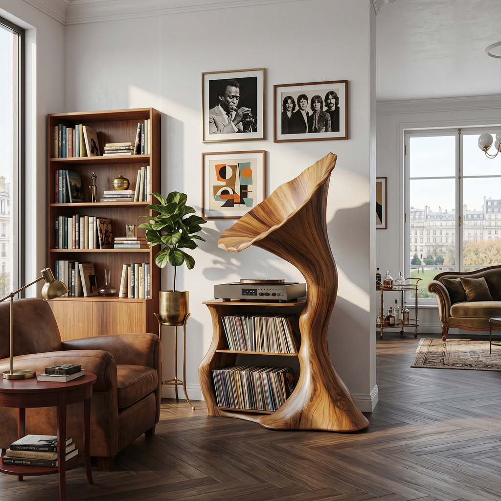 Handcrafted Hardwood Record Player Stand with Cube Storage