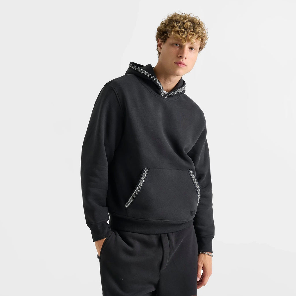 Cotton Blend Pullover Hoodie - Black