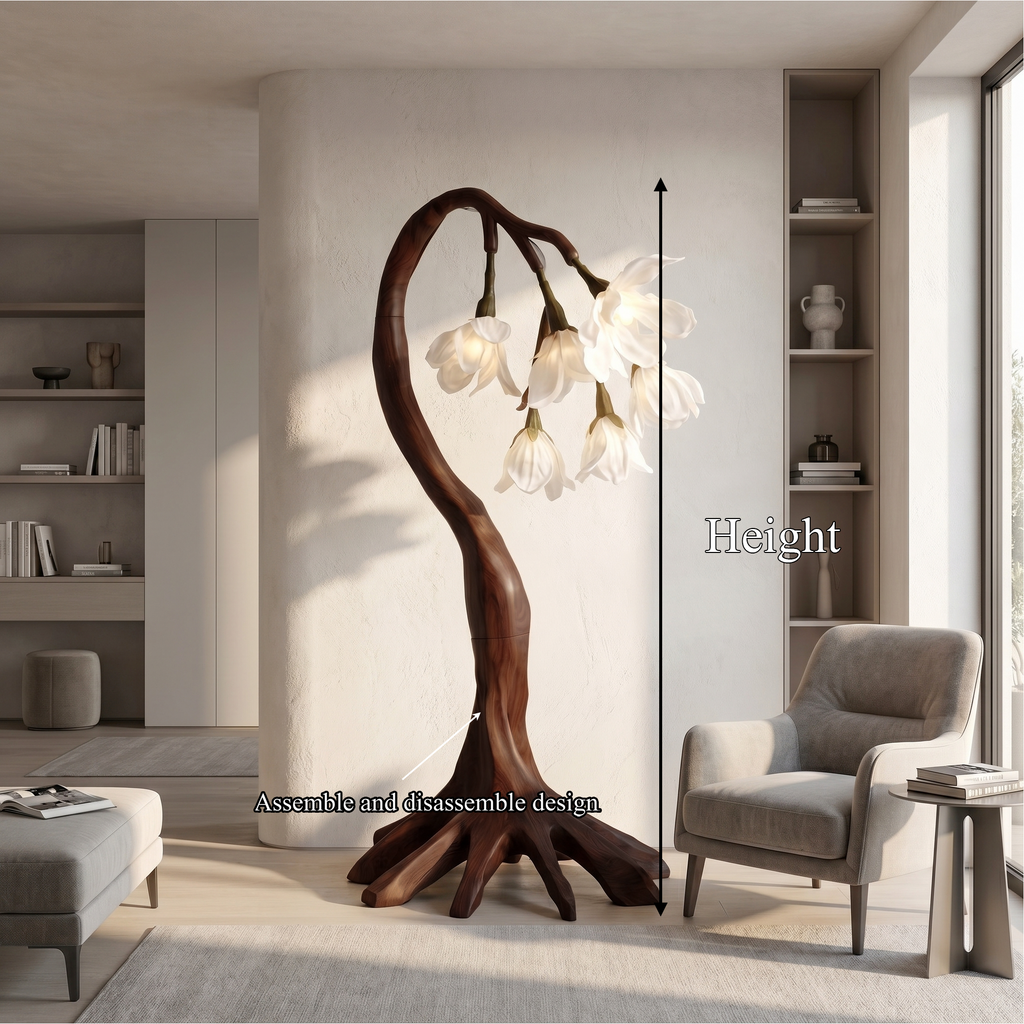 Flower Petal Floor Lamp with Sculptural Solid Wood Branch Base - view 8