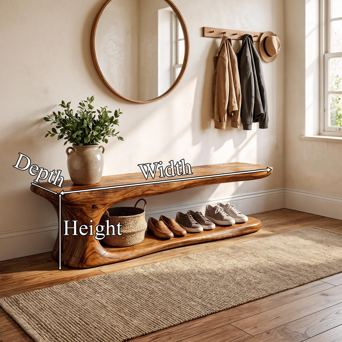 Rustic Live Edge Solid Wood Shoe Bench for Entryway - view 8