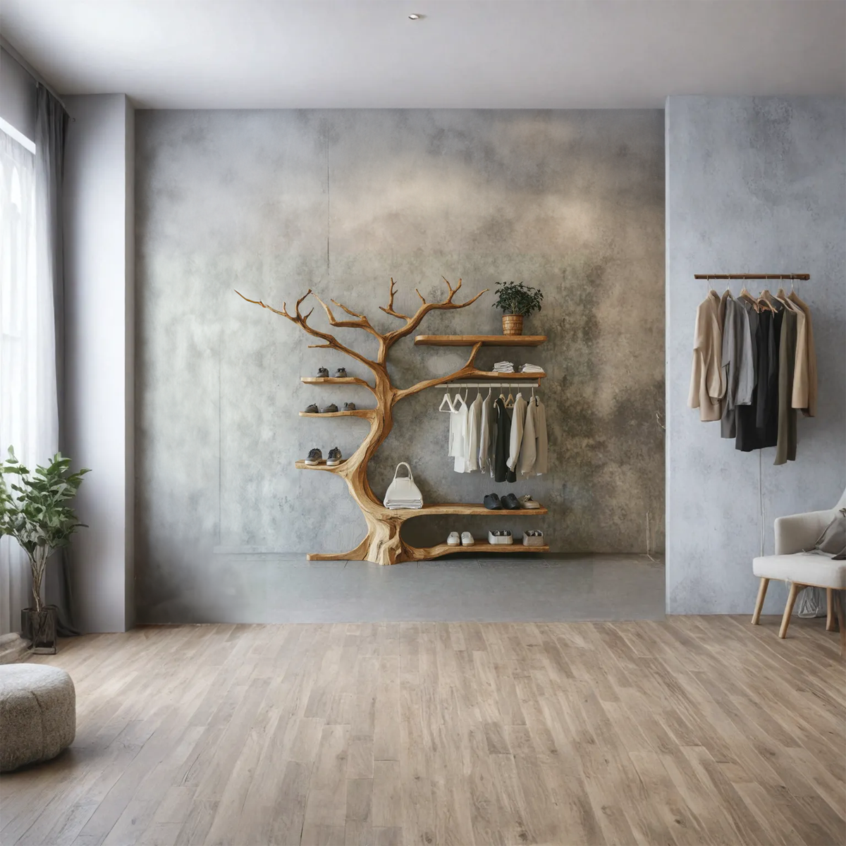 Rustic Tree Branch Coat Rack and Shoe Stand in Natural Wood - view 2