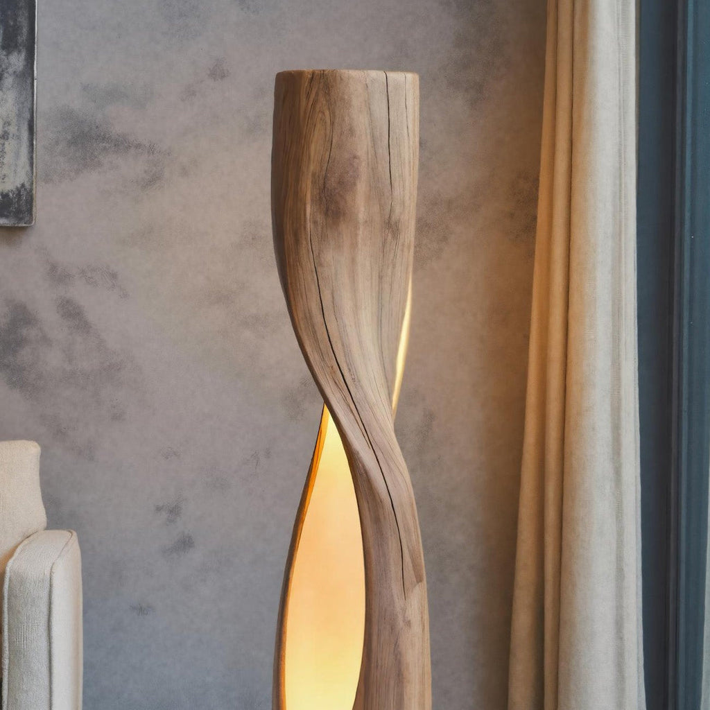 Twisted Solid Wood Floor Lamp with Carved Light Openings - view 2