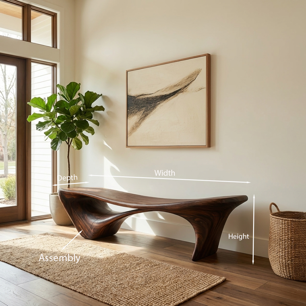 Wave-Form Sculptural Solid Wood Bench for Entryway or Living Room - view 8