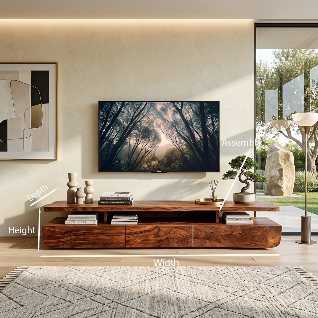 Contemporary Solid Wood TV Cabinet with Storage Drawers and Open Shelf - view 8