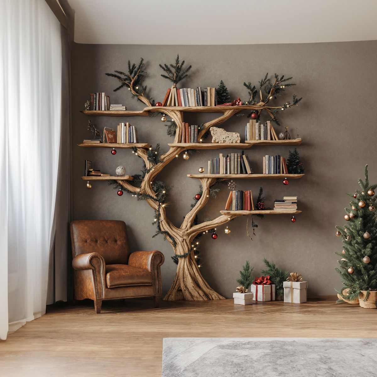 Driftwood-Style Tree Branch Floating Bookshelf, 70 x 70 Inch