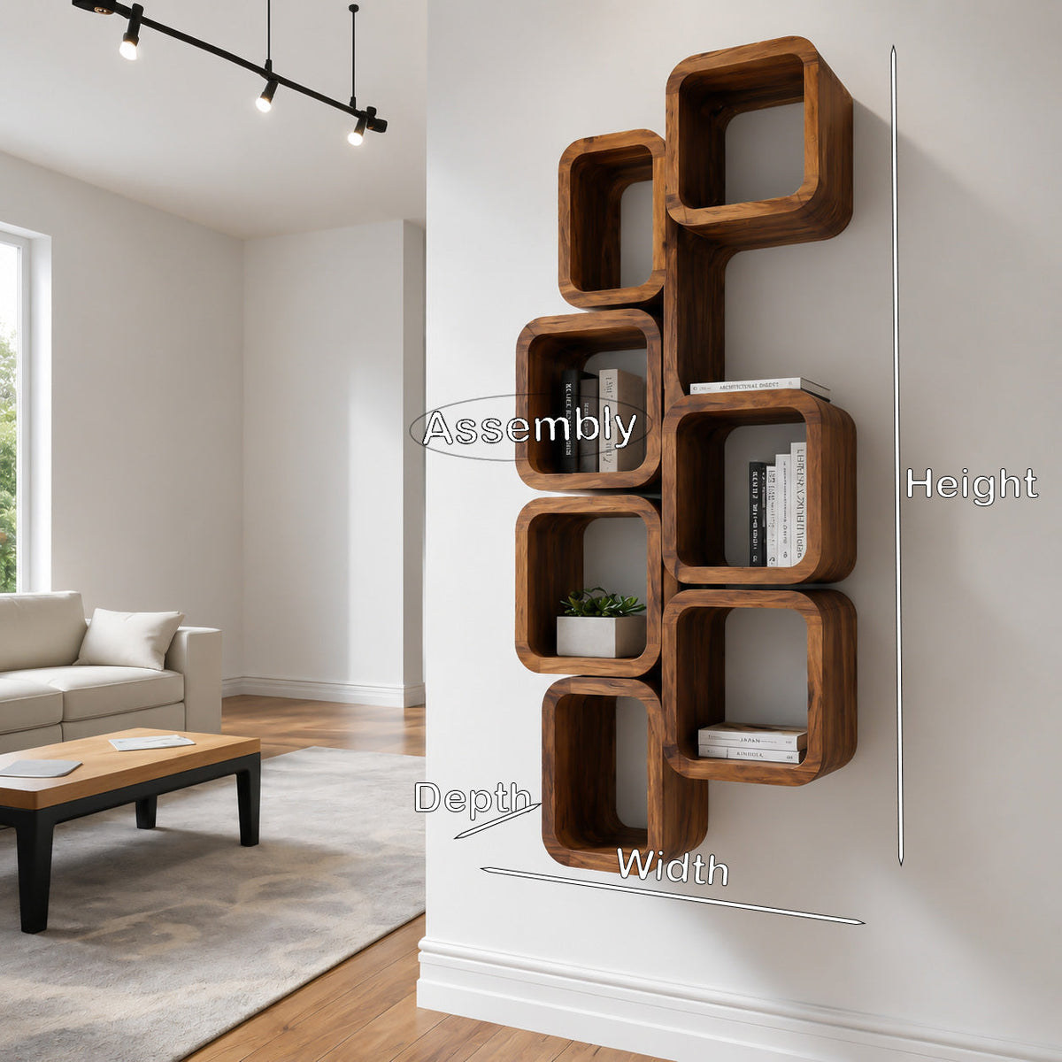 Wall-Mounted Solid Wood Bookshelf with Interlocking Squares - view 8