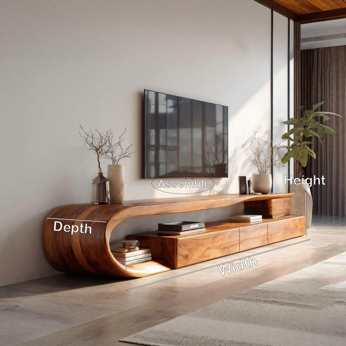 Modern Curved Solid Wood TV Console with Drawers and Open Shelf - view 8