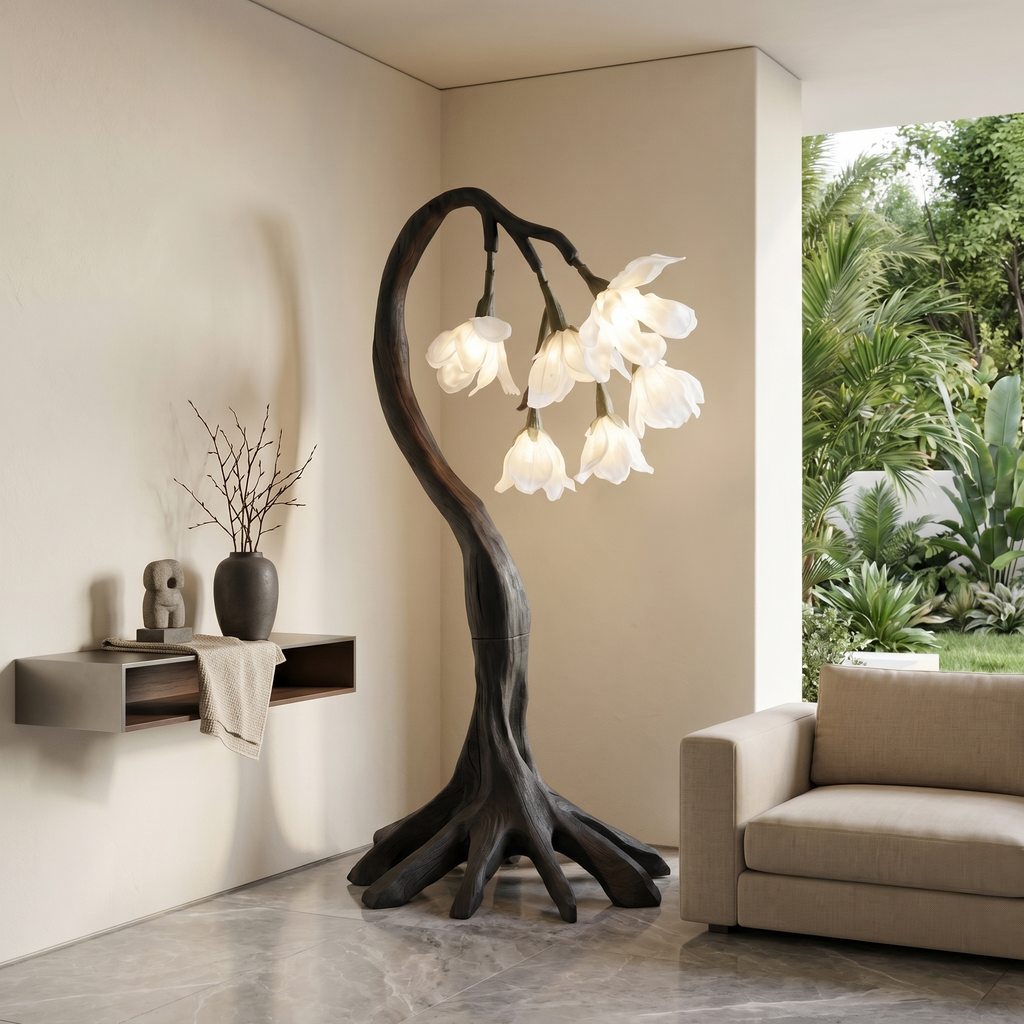 Flower Petal Floor Lamp with Sculptural Solid Wood Branch Base in Black finish